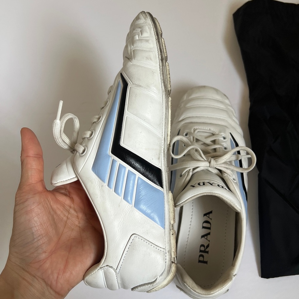 Prada womens White Leather Sneakers with Light Blue and Black Accents size 36 - Picture 11 of 13